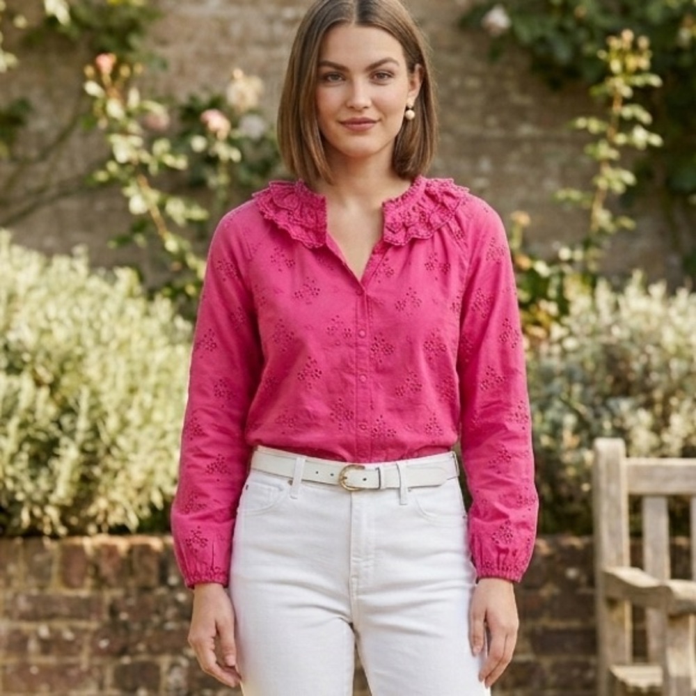 J. CREW Button Front Eyelet Cotton Peasant Top - Pink Size Small